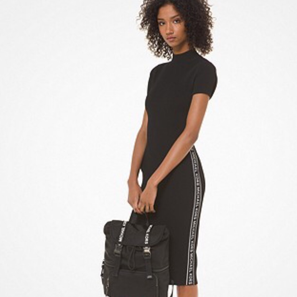 Michael Kors Black Logo Tape Ribbed Knit Dress
